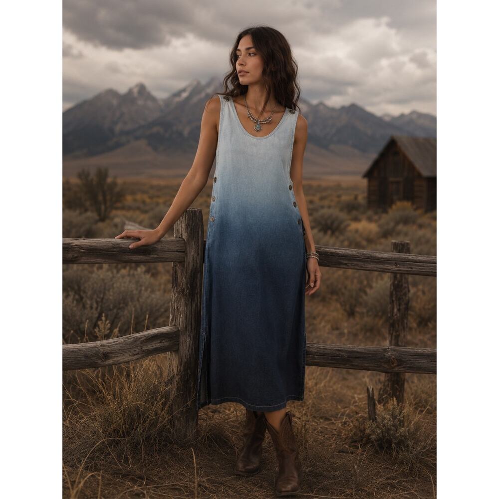 Vintage Ombre Western Blue Denim Maxi Dress Tie Back Festival Boho